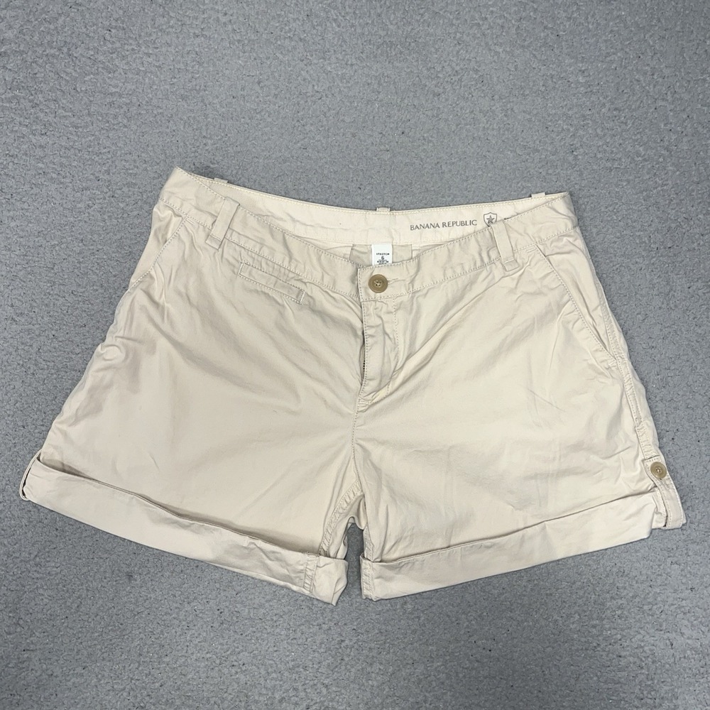 VTG Banana Republic Shorts Womens Sz 6 29x4 Tan Stretch Chino Roll Up Button Tab